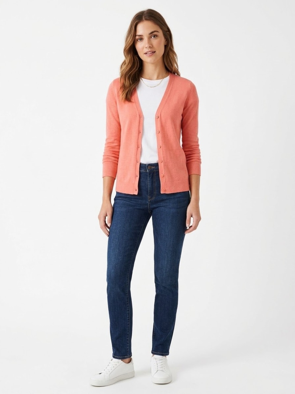 J. Crew Dark Blue Straight-Leg Jeans with Coral Pink Cardigan